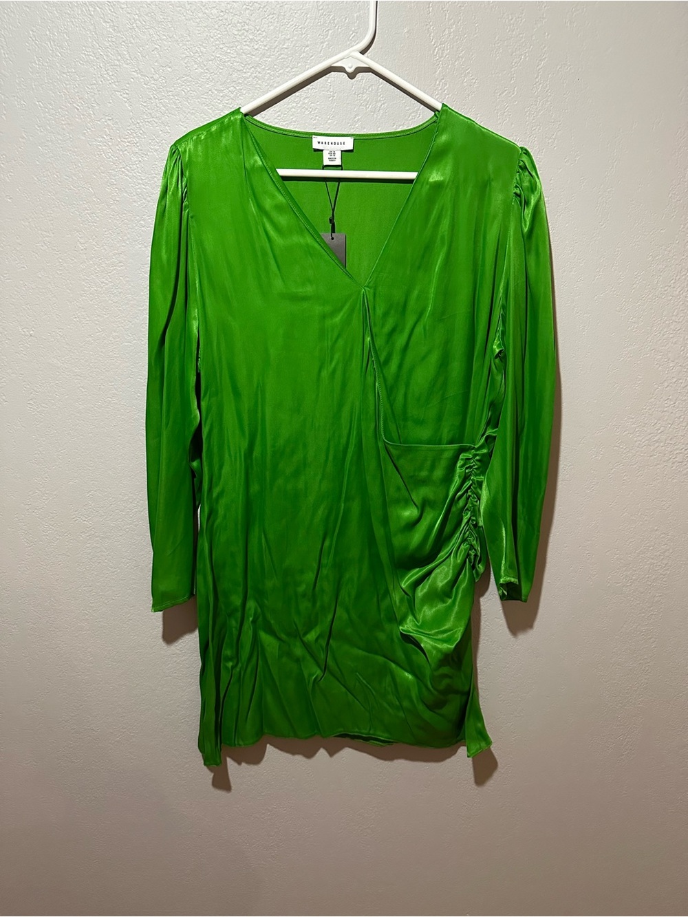 Bright Green Satin Ruched V-Neck dress